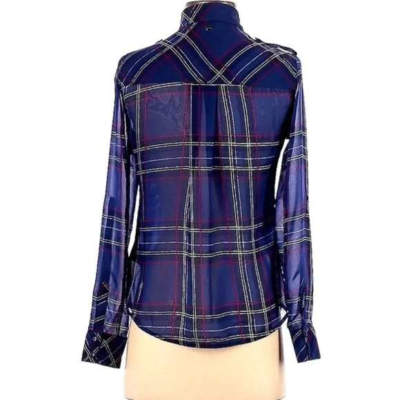 Guess Women’s Button Up Shirt Chiffon Plaid Blue Long Sleeve Blouse Size XS - Picture 2 of 2